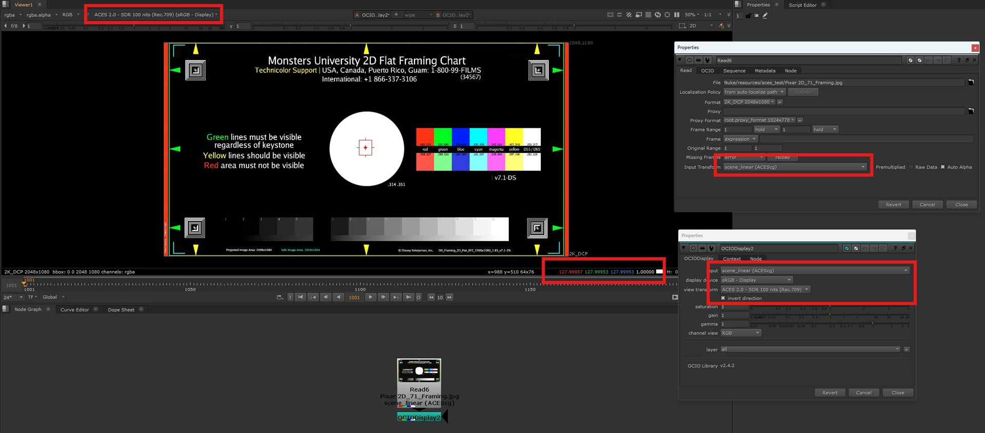 Nuke 17 with ACES 2.0 inverted view transform: white samples at 128
